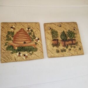 Vintage CB Beehive and Potted Plants Resin Wall Plaques Set of 2 Garden Art